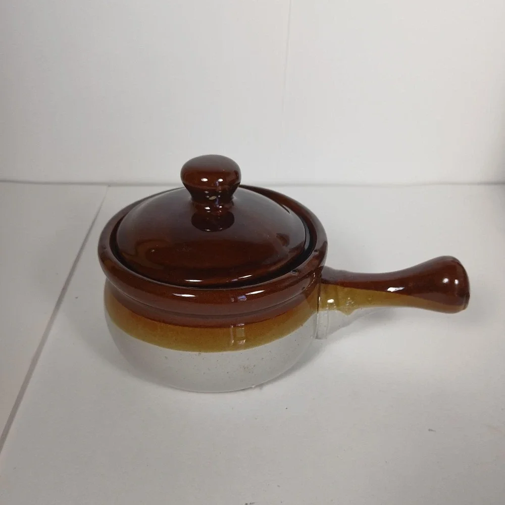 Vtg  Brittany Stoneware French Onion Soup Crocks/Bowls w/Lids & Handle Set of 4